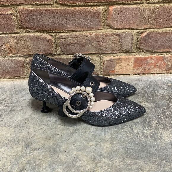 Miu Miu Glitter Jeweled Buckle Pointed Toe Pump Size 37.5 - Picture 4 of 10
